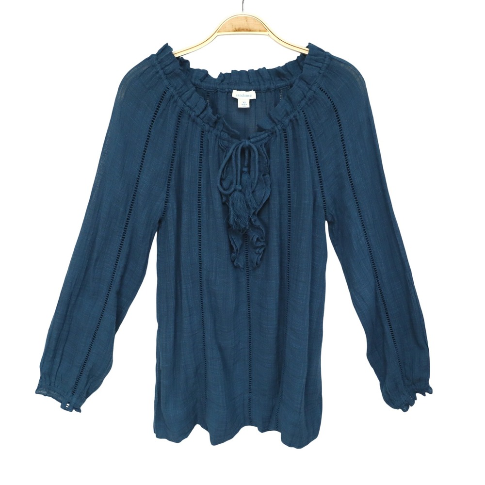 Sundance Gauze Ruffle Peasant Top XS Teal Long Sleeve Boho Tassle Tie Blouse
